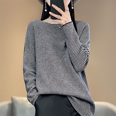 2025年秋季时尚百搭通勤简约休闲黑白条纹羊毛衫，女装羊毛衫，朝思羊绒