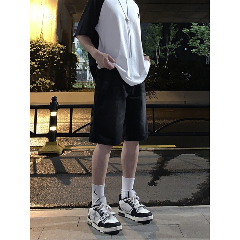 B221美式ins高街暗黑拉链休闲牛仔短裤五分裤LK23082-P50控68,男装牛仔裤,电商B221