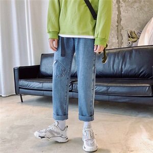 港风春夏款男牛仔裤多口袋贴标印花直筒宽松九分牛仔裤N图片