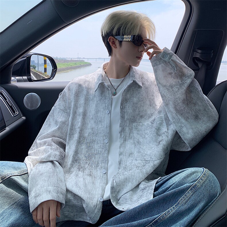 衬衫男秋季新款港风宽松大码扎染肌理感长袖衬衣CS7012-P38，男装衬衫，星座214-3