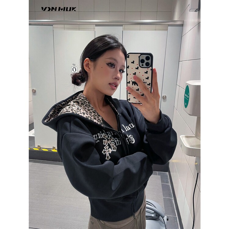 0123start豹纹拼接十字架连帽卫衣外套女美式复古哥特风潮牌开衫,女装短外套,星座218-8
