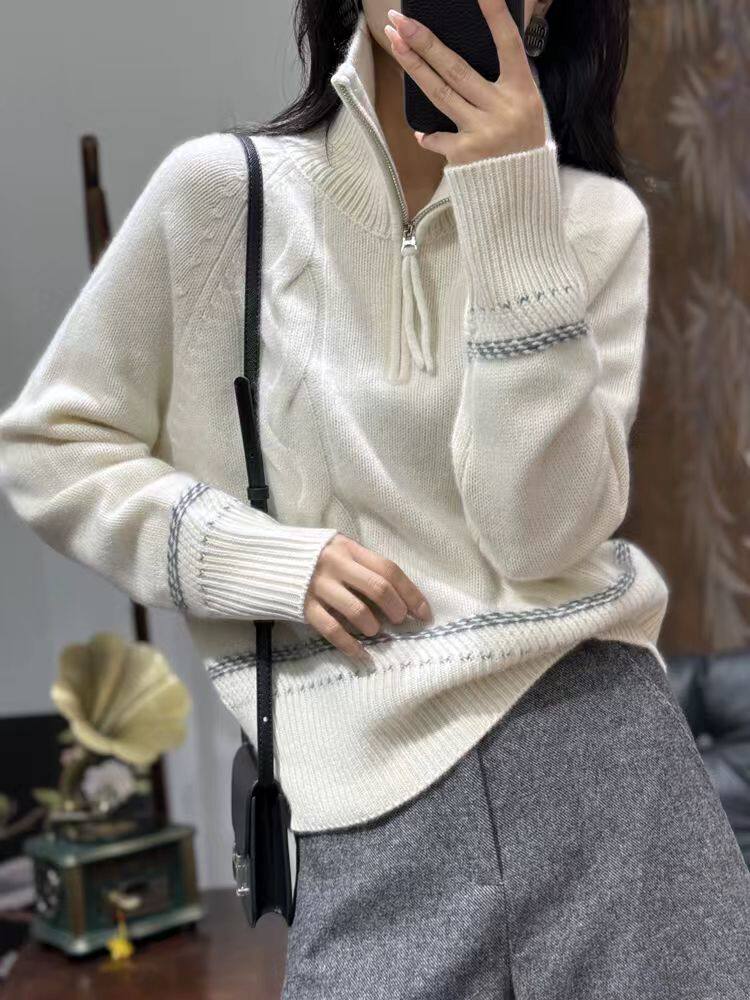 2025年秋季新款百搭女士麻花翻领针织衫,针织衫/毛衣,硕彦羊绒