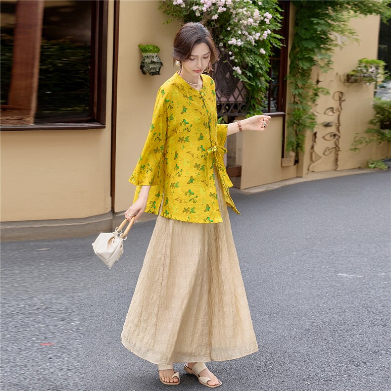 新中式印花宽松喇叭袖小衫配裙裤时尚气质两件套女,女装套装/套裙,水衣源