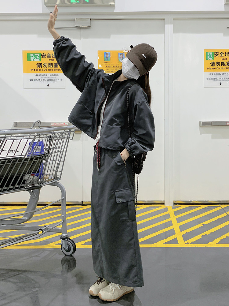 慵懒风休闲运动风套装女2025春秋季新款显瘦夹克工装半身裙两件套,女装套装/套裙,C位