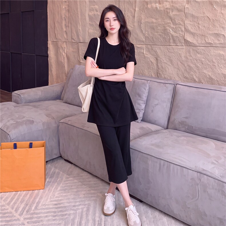 潮流时尚休闲套装女夏新款黑色圆领褶皱收腰短袖上衣九分裤两件套,女装套装/套裙,江南