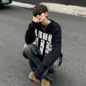 针织衫男女韩版潮流字母提花宽松帅气2024冬季ins毛衣MZ615-P57图片