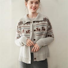 L某P同款~100%山羊绒开衫女高翻领加厚撞色提花毛衣针织外套秋冬，女装羊绒衫，纳丰羊绒