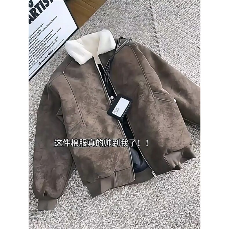现货重磅硬挺boxy羽绒棉衣座山雕羊羔毛领洗水麂皮棉服冬外套图片