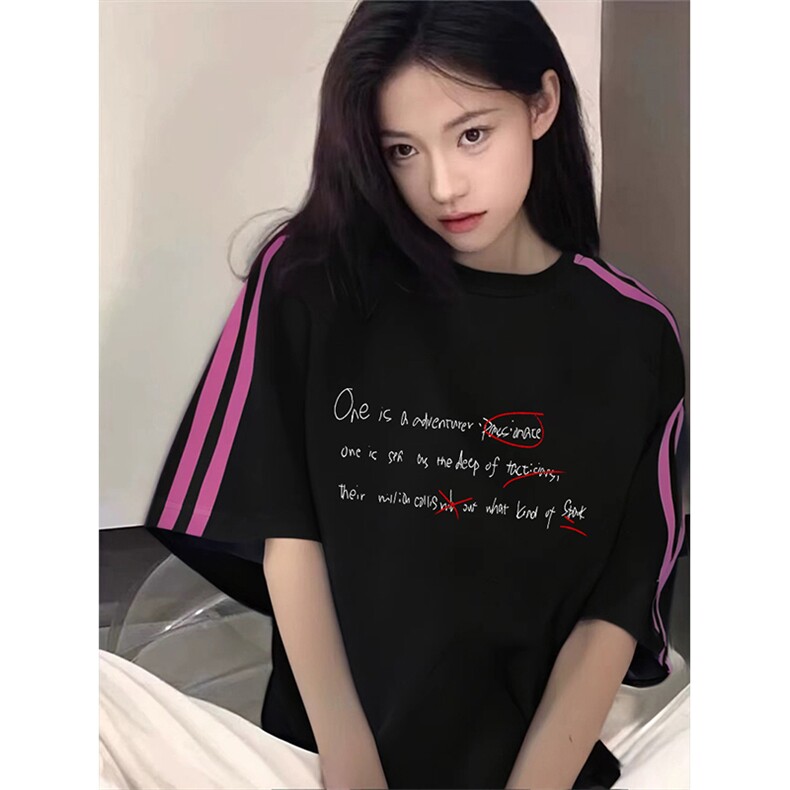 抖音得物品质二开240克宽松纯棉美式潮牌印花三条杠中性风短袖T恤图片