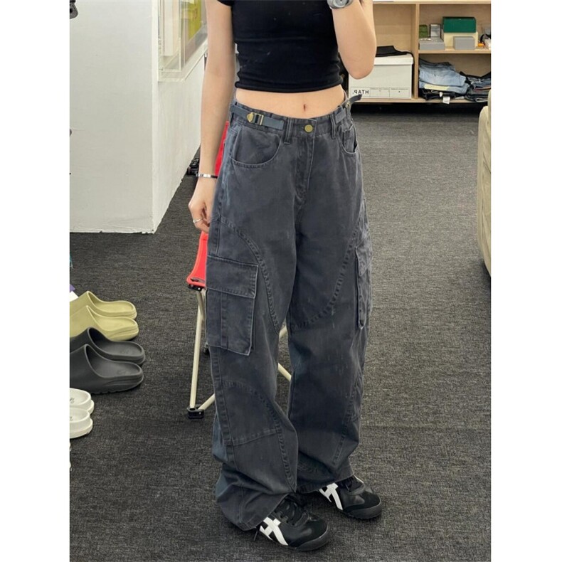 美式街头嘻哈阔腿工装裤男女秋季复古小众设计感直裤子L82988-p68图片