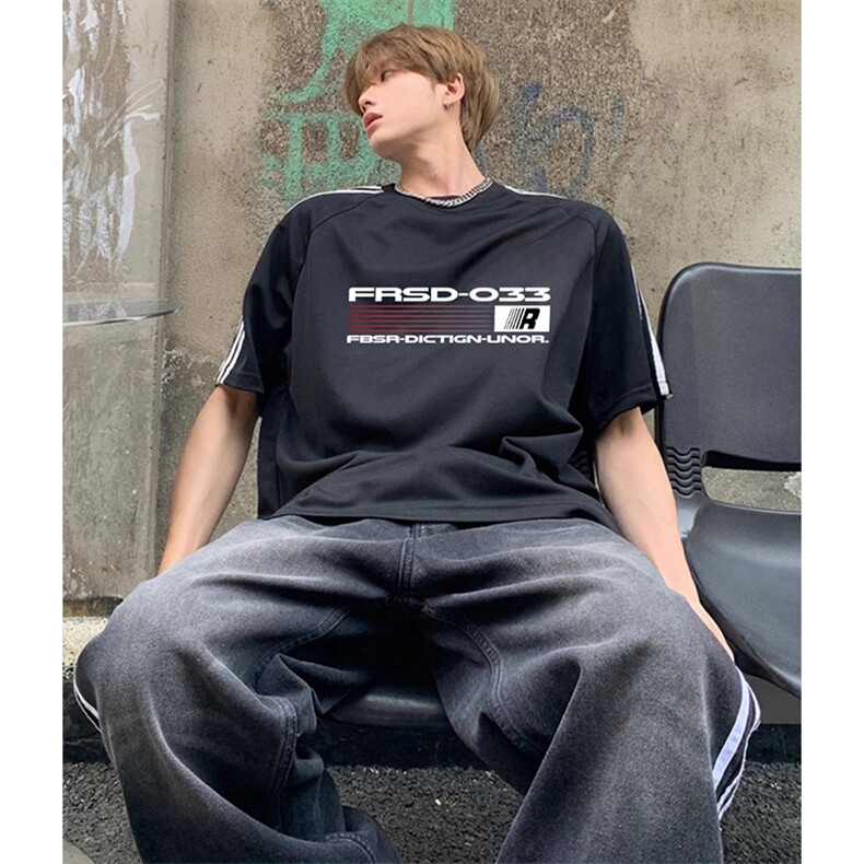 抖音得物高品质二开240克宽松纯棉美式潮牌三条杠织带短袖T恤，男装T恤，电商A486-1