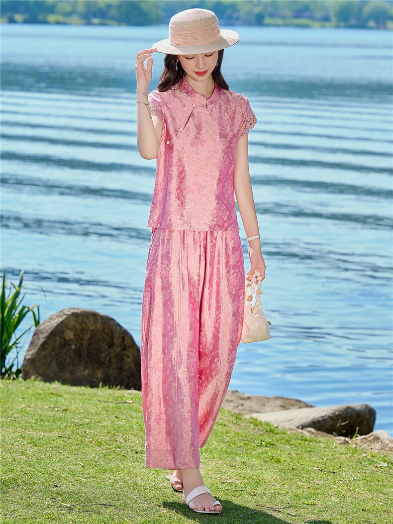2026夏季新款新中式风盘扣提花蕾丝上衣女修身显瘦气质套裤,女装套装/套裙,众宇琦