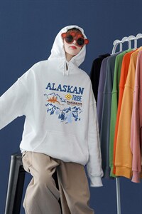 中性 秋季潮流雪山印花宽松情侣连帽卫衣 W220P35控48图片