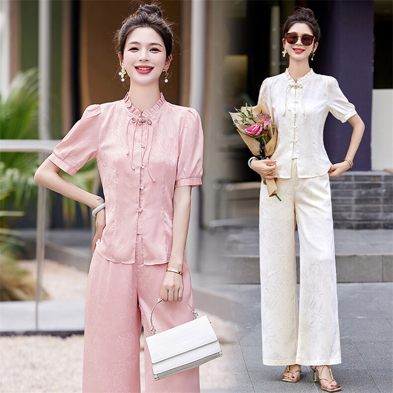 2024年新中式气质复古盘扣改良旗袍提花时尚洋气阔腿裤两件套，女装套装/套裙，贵人树