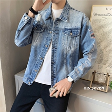 JK818-P90-现货店主风牛仔夹克肥仔量足破洞印花大码，男装夹克，星座103A