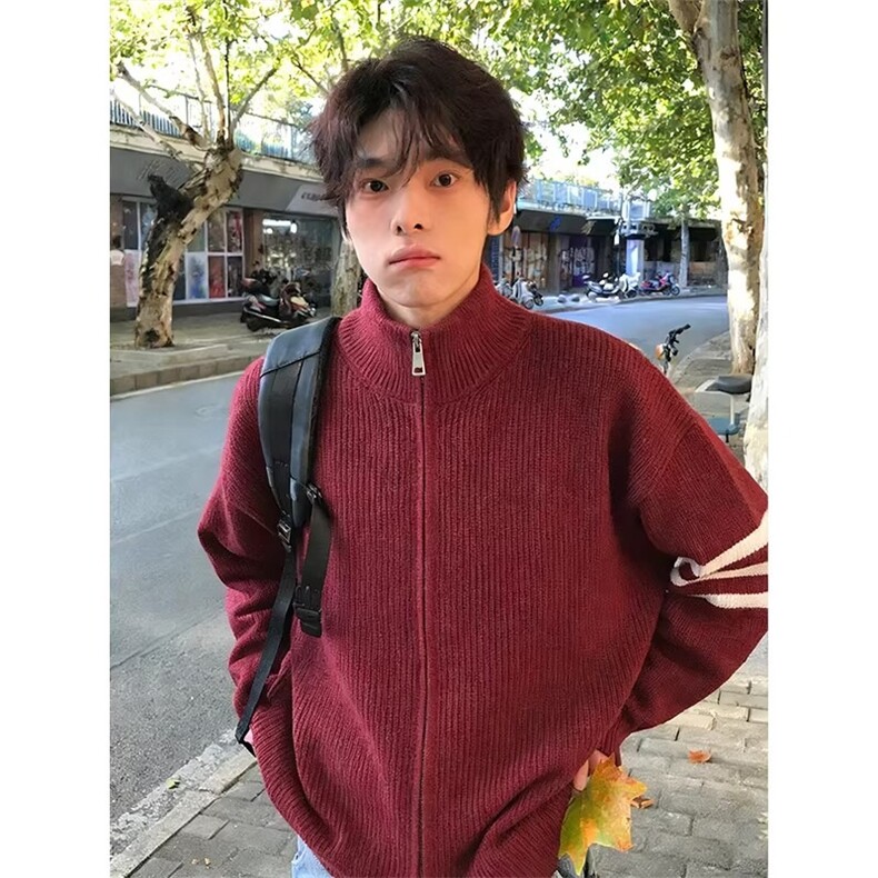 红色三条杠拉链开衫毛衣男内搭可外穿针织衫AY78-P56,男装针织衫/毛衣,星座208-5