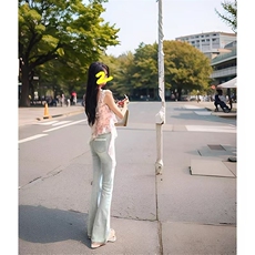 复古浅色蕾丝拼接微喇叭牛仔裤女秋季新款高腰修身弹力马蹄长裤子，男装牛仔裤，星座506A