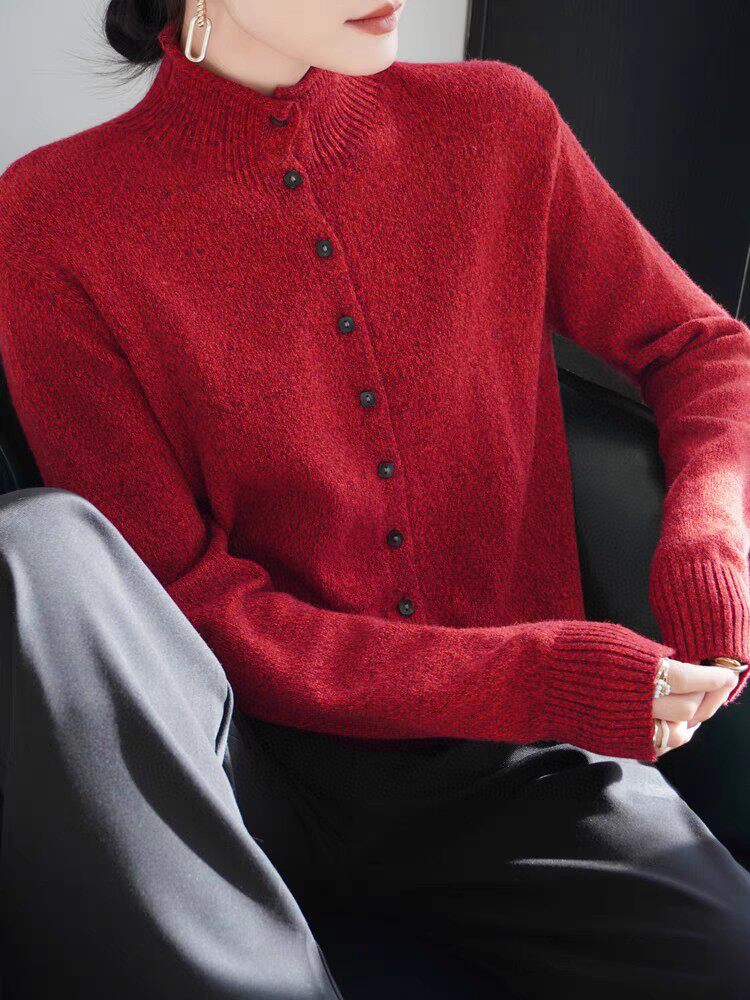 花纱小方扣卷边开衫2025年春季针织衫，女装针织衫/毛衣，昂家羊绒