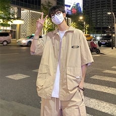 港风23新款夏季时尚开衫工装短袖垂感短裤套装TZ613801P75控98，男装牛仔裤，电商A268A
