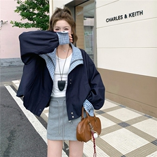 秋季新品！撞色格子假两件花苞形夹克外套B208-9071-P155K218，女装短外套，浙宝208