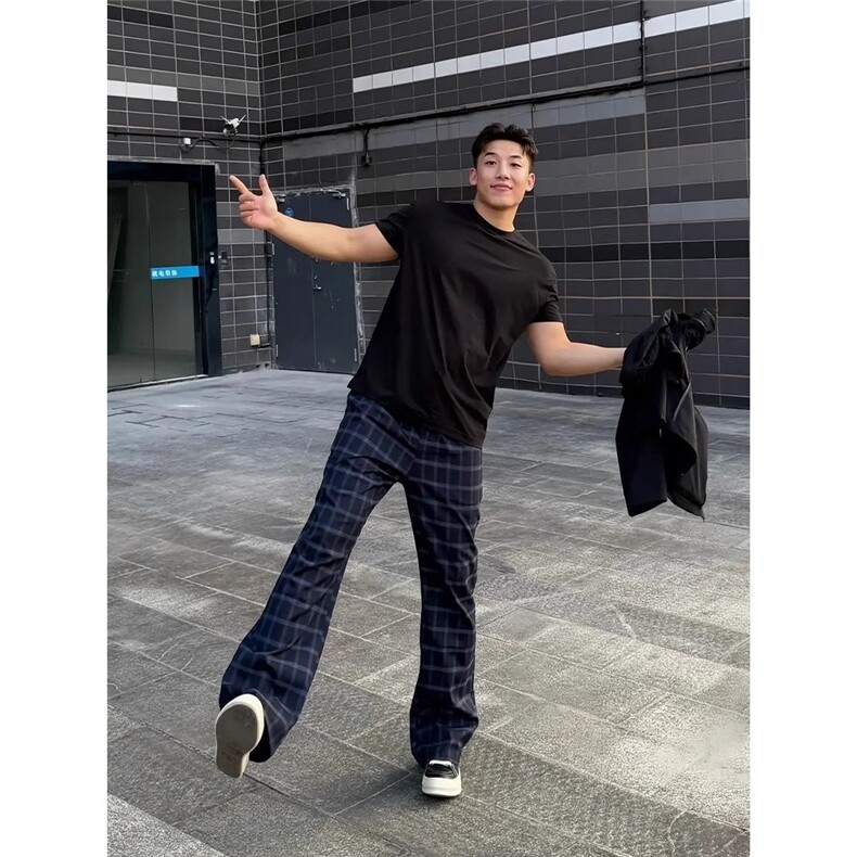 慵懒风格子裤男夏季薄款美式高街微喇裤子窄版弯刀直筒裤,男装休闲裤,星座506A