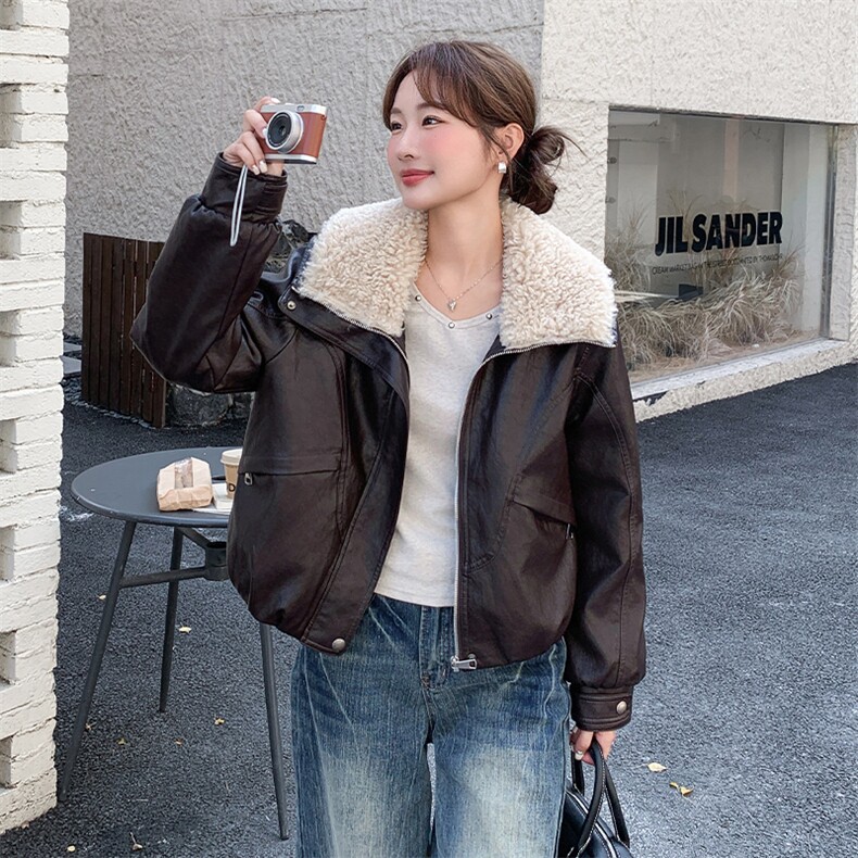 冬季新款美式复古皮毛一体外套女加厚加绒夹克A809P210K318,女装短外套,2C268