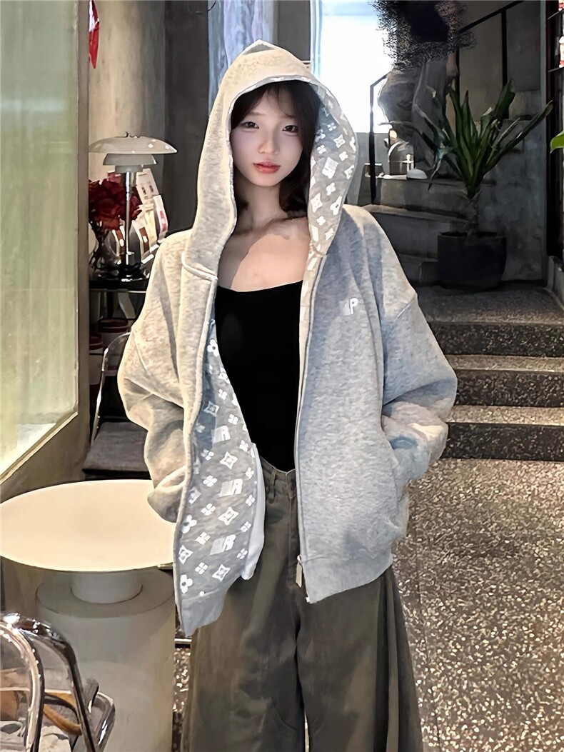 网图420克重磅印花开衫连帽情侣款卫衣外套男女秋季特P68,女装短外套,电商C306-1