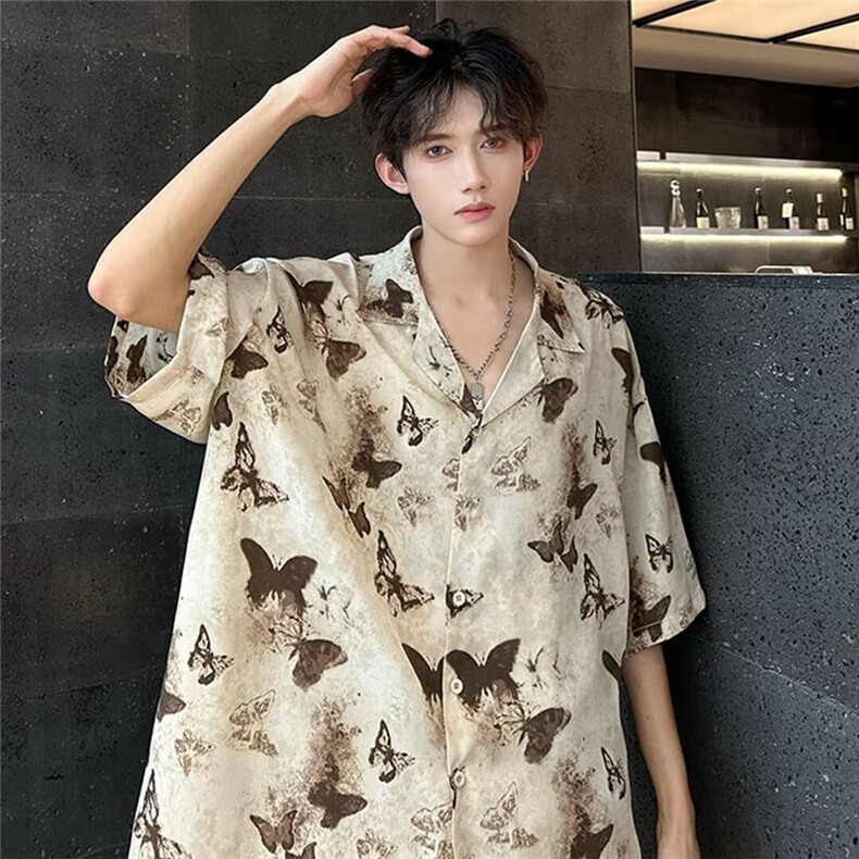 夏威夷水墨蝴蝶印花衬衫男短袖夏季海边穿搭防晒衬衣冰丝薄款外套,男装防晒衣,星座506A