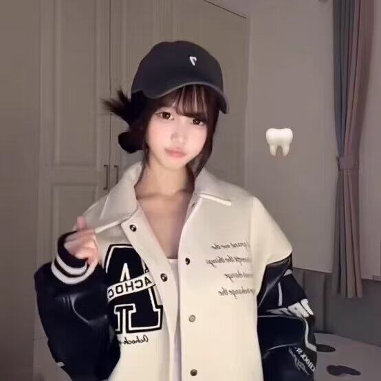 长袖宽松型常规美式复古翻领刺绣棒球服外套单排扣口袋单件慵懒,男装夹克,星座506A