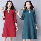 连衣裙优雅韩版纯色气质宽松腰套头2021年夏季七分袖中长款，女装连衣裙，奕阳依阁