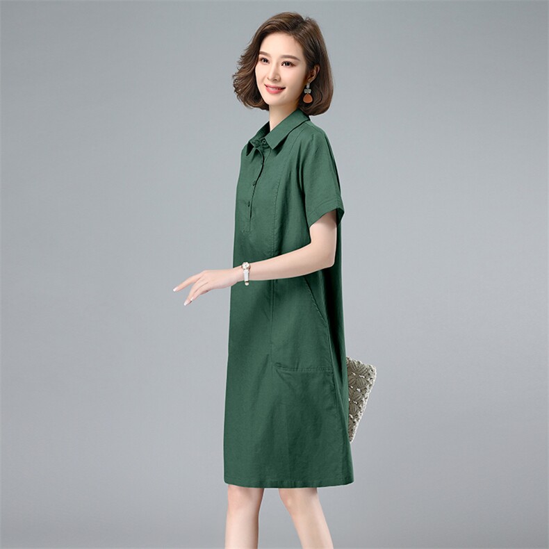 棉麻连衣裙女2025夏季新款中年妈妈气质休闲短袖直筒裙衬衫领裙子,女装连衣裙,韩派