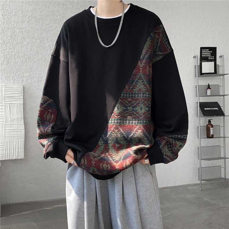 8XL-M民族风拼接卫衣大码胖子费尔岛上衣圆领复古外套WY5106/P55,男装民族服装,电商B238