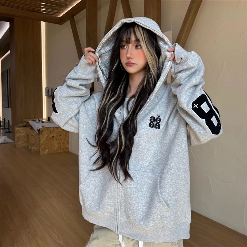 美式短款灰色连帽卫衣外套女春秋2025新款加绒宽松拉链开衫上衣,女装短外套,星座506A