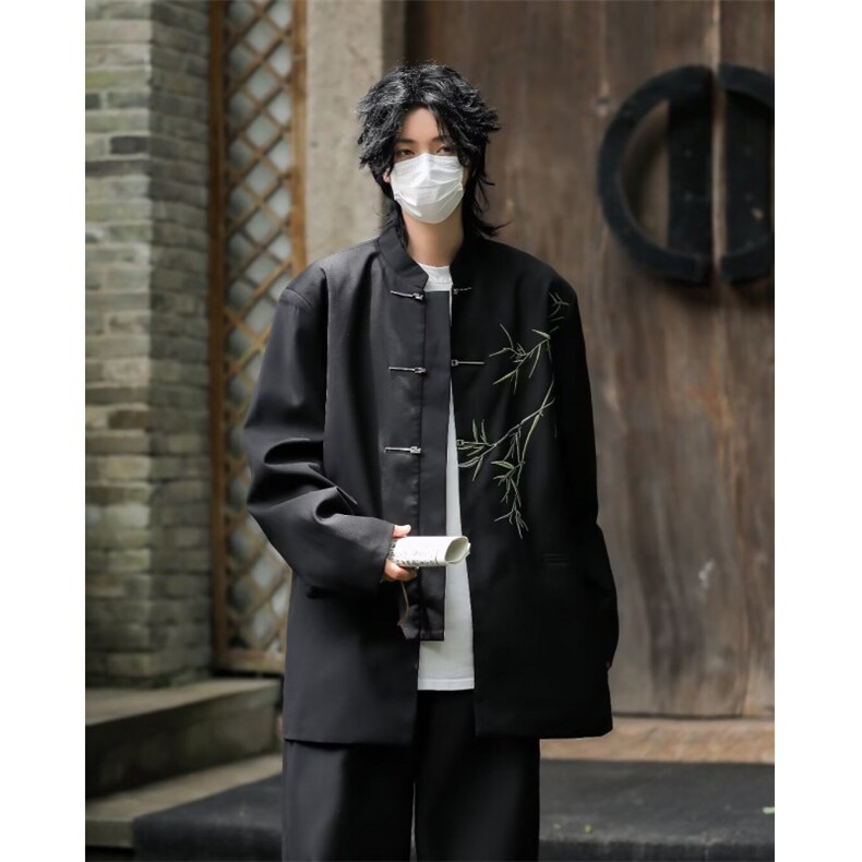 新中式男装风翠竹刺绣垫肩西装男改良中山装上衣W28,男装民族服装,星座1116A-1（原606A）