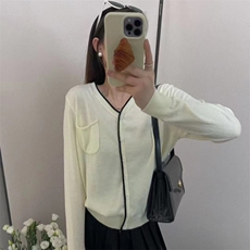 春季单排扣长袖V领修身时尚气质针织开衫，女装针织衫/毛衣，鑫之绒