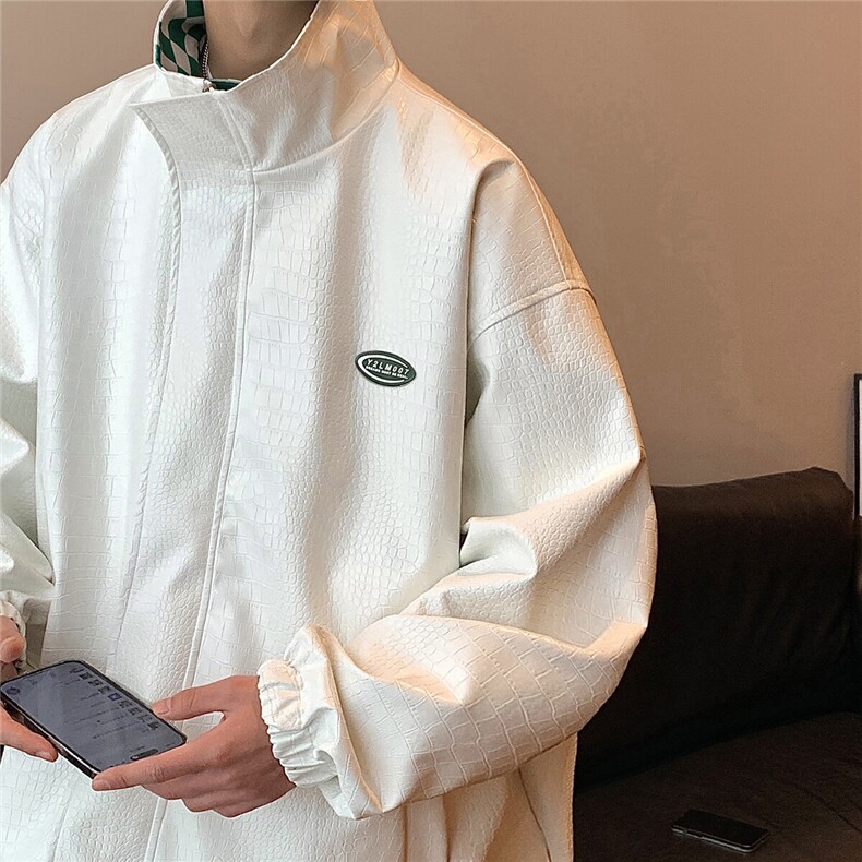 1港风两面穿夹克男大码格子PU皮鳄鱼纹皮衣男外套JK8753P110控149，男装夹克，星座226-2