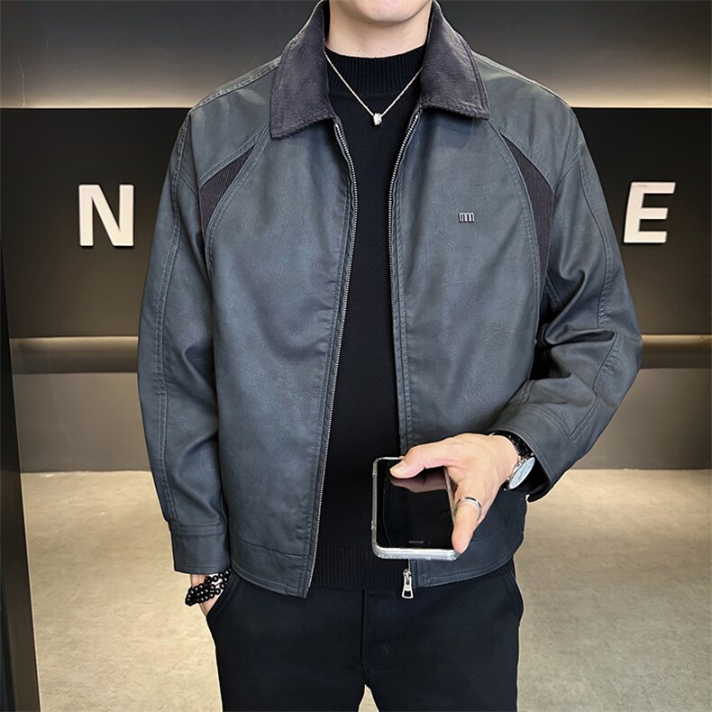 店主风秋季皮衣男装新款拼接翻领时尚皮夹克外套男B317/6801/P155,男装皮衣,电商B317