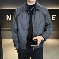 店主风秋季皮衣男装新款拼接翻领时尚皮夹克外套男B317/6801/P155，男装皮衣，电商B317