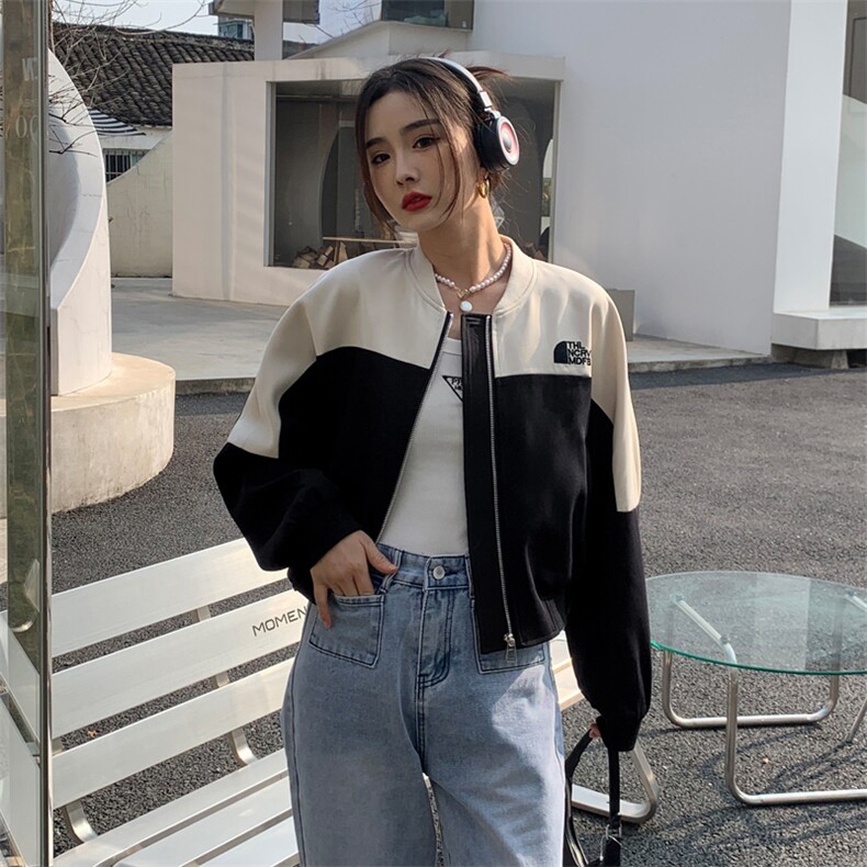 2025春秋季新款设计感小众拼接撞色短款外套女春秋棒球服夹克上衣,女装短外套,天丽