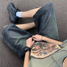 美式复古高街牛仔短裤男女直筒阔腿做旧宽松休闲七分裤67211-P45，男装牛仔裤，星座1008-1