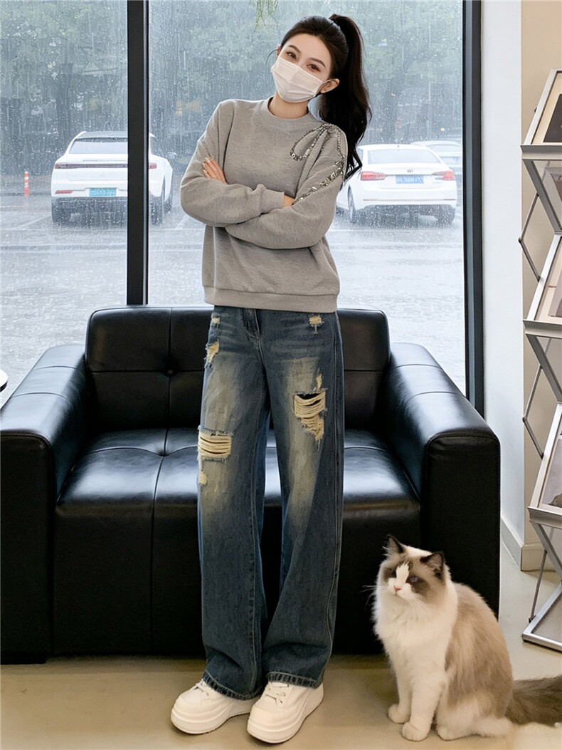 盐系穿搭休闲时尚套装女春款圆领刺绣长袖上衣破洞牛仔长裤两件套,女装套装/套裙,江南
