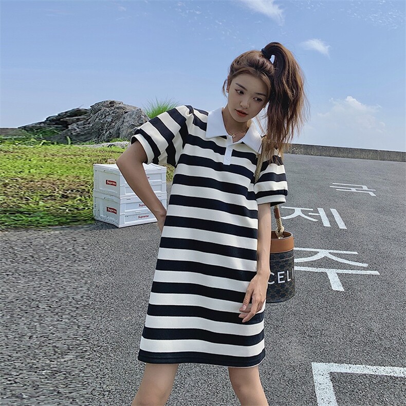慵懒风休闲条纹拼色T恤连衣裙女2025夏季新款宽松遮肉Polo衫裙子,女装连衣裙,唯依ONLY