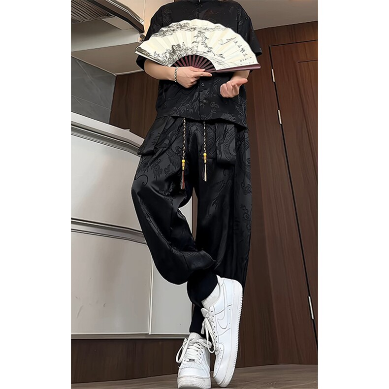 特批P77无差价夏季风龙纹印花短袖衬衫灯笼裤男CD2262+K1369,男装休闲套装,电商A001-1