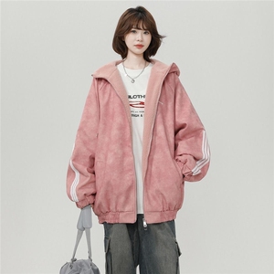 粉色美式连帽羊羔毛外套男加绒加厚棉服中性风三杠棉衣 M02/P118图片