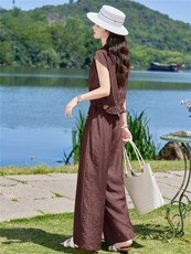 现货2026年夏季时尚简约大方气质优雅V领收腰显瘦两件套裤套装女，女装套装/套裙，众宇琦