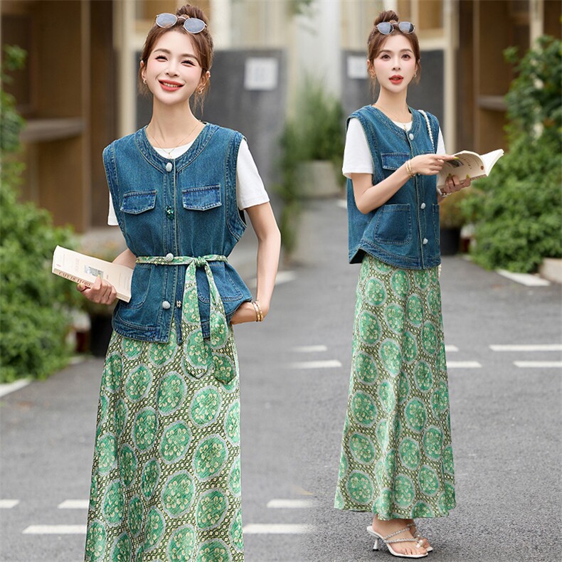 2025夏季新品欧货套装裙圆领飘带牛仔马甲老钱风碎花半身裙两件套，女装套装/套裙，布芭啦