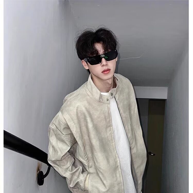 Y210-P78浅灰色美式复古扎染皮衣外套男春秋款潮牌解构拼接,男装皮衣,电商B323A