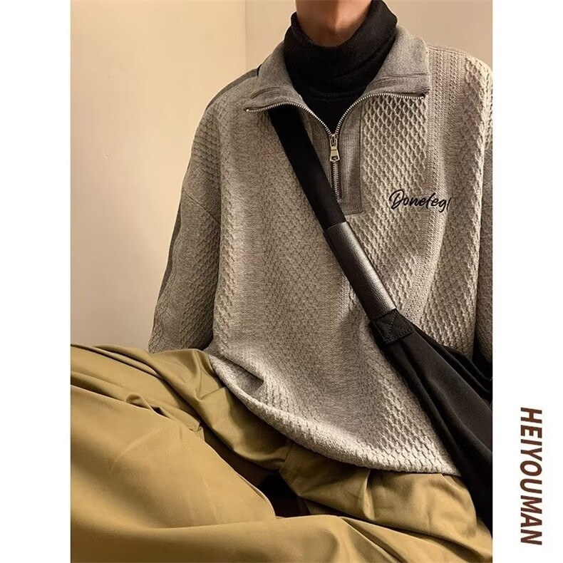 679-P36日系立领半拉链卫衣男女秋季高街情侣宽松运动潮牌polo衫,男装Polo衫,电商B323A