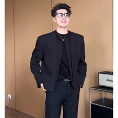 现货有垫肩短款无领百搭西服男显瘦西装外套5032-P90，男装西服，星座910-5