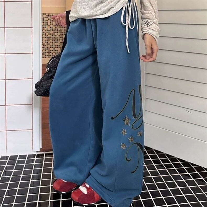 松弛感字母烫钻运动卫裤女宽松阔腿裤爵士舞休闲裤子拖地美式,女装休闲裤,星座1210-1
